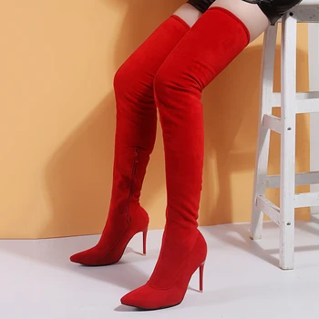 Damesko kvinde, plus store størrelse 35-43 over knæet støvler tynd høj hæl sexet fest-støvler på elastisk botas de mujer 2019