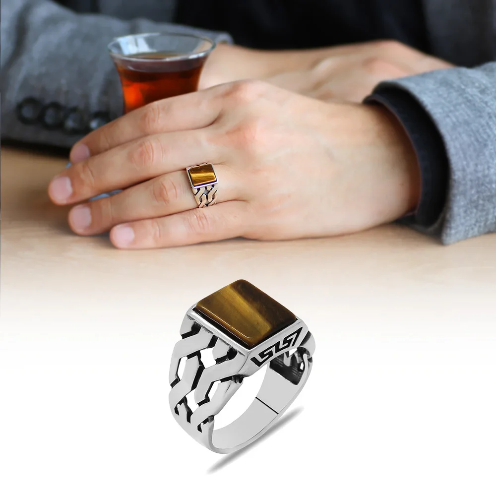 På tilbud! 925 sterling sølv ring for mænd real tiger sten smykker mode vintage gave onyx herre ringe størrelse < Fine Smykker \ Trekloeveret.dk
