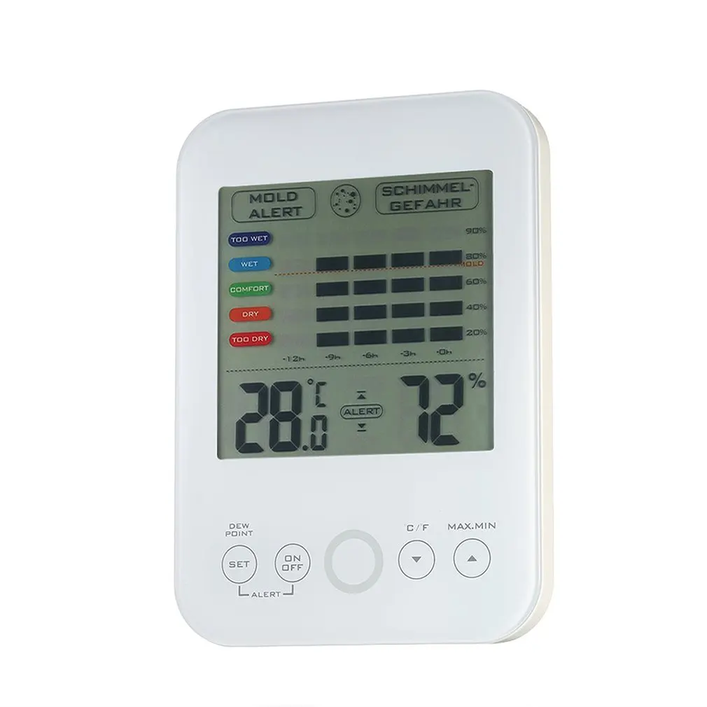 På nøjagtighed digital elektronisk temperatur luftfugtighed hygrometer termometer med skimmelsvamp alarm lcd-skærm < engros \ Trekloeveret.dk