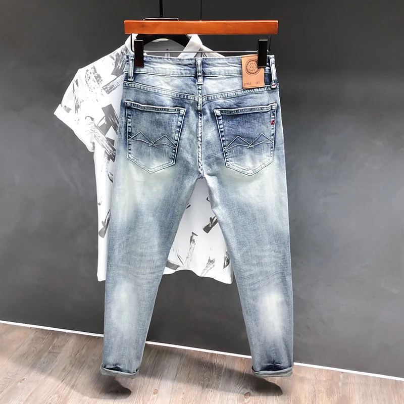 På tilbud! Italiensk stil og mode til jeans retro lys blå elastisk slim jeans mænd casual streetwear denim bukser vintage designer jeans < Mænds Tøj \ Trekloeveret.dk