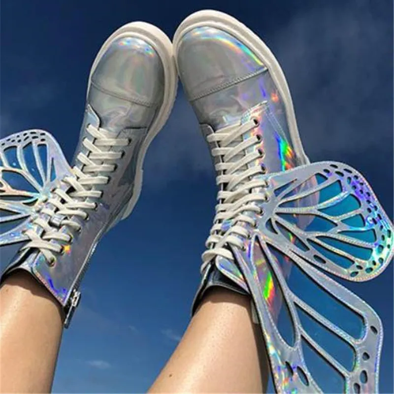 På tilbud! Mstacchi kvinder shine sølv kort støvler 2020 sommerfugl vinger til damer snøre sko kvinde bling t-show high sko < Kvinders Sko \ Trekloeveret.dk