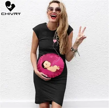 Ny 2020-Kvinder Sommeren Barsel Kjole Uden Ærmer Graviditet Kjole Tegnefilm Baby Print Kjole Kreative Gravide Kvinder Kjoler