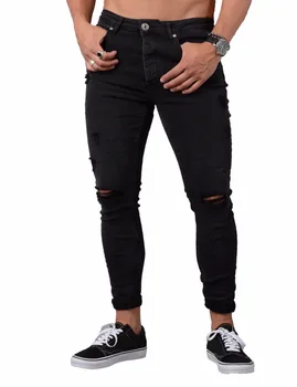 HOT 2020 Mode Afslappet mandlige fødder hip hop denim Revet hul biker lokomotiv vask Skinnny jeans mænd Solid blyant bukser