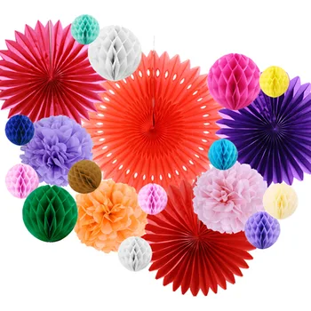 Pakke med 20 Assorterede Bryllup Fest Dekoration Sæt silkepapir Fans Honeycomb Balls Pom Poms Bridal Shower, Fødselsdag Part Forsyninger