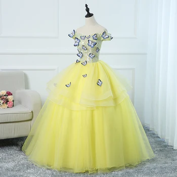 Ny gul floor længde dame pige kvinder prinsesse brudepige banket part, bolden kjole kjole