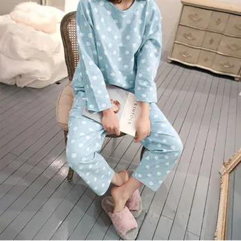 Kvinder Nattøj Søde Damer Efterår Søde Prikkede Print Langærmet Pyjamas Sæt Top, Bukser, Pyjamas Kvindelige Sove To Delt Sæt