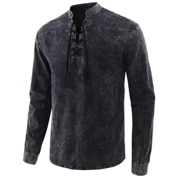 2020 Mænd Gotiske Retro T-Shirt Lace-up V-hals Denim langærmet t-Shirt Løse Toppe til mænd ALS88