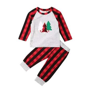 Christmas Baby Buksetrold Børn Piger sæt Tøj med Lange Ærmer Christmas Tree T-shirts Rød Plaid bukser Bukser Bomuld tøj Sæt