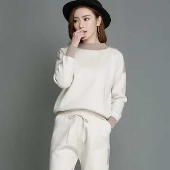Viscose nylon blanding strik kvinders fashion sweatshirts splejset farve pullover harem bukser med 2 stk/sæt beige 3color S/M/L/XL