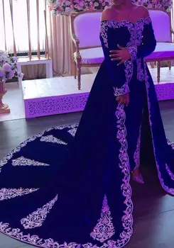 Royal Blå Kaftan Kaftan Aften Formelle Kjoler med Overskirt 2021 Lange Ærmer Karakou algerien lace broderi prom kjoler