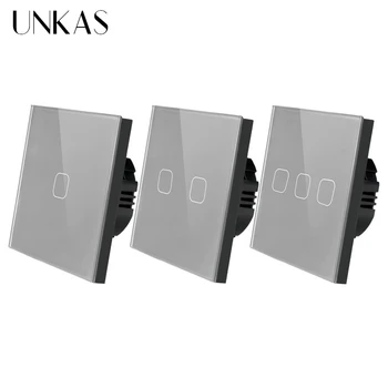 UNKAS EU/UK standard 1/2/3 Gang 1 Måde Touch Skifte Grå Krystal Glas Touch Skift Lys Væg Kun Touch Funktion Switch