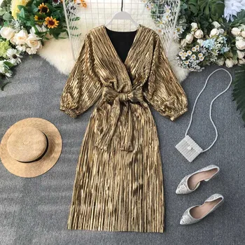 God Kvalitet, Luksus Golden Skinner Kvinder Party Dress 2020 Ins Fashion V Hals Bandage Dress Kvindelige Elegant Lang Kjole