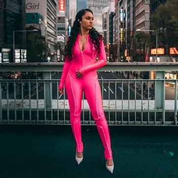 Kvinder reflekterende stribet jumpsuits trænings-og turtleneck og lynlås i fuld ærme elastisk femme tøj med sportstøj nye efterår