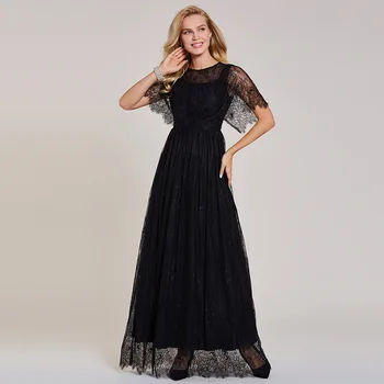 Dressv sort lang kjole til aften i billige scoop hals korte ærmer lace wedding party formel kjole en linje aften kjoler