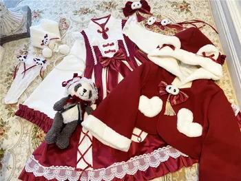 Kinesisk stil vinter panda blød langærmet rød bryllup kjole sød udskrivning med høj talje prinsesse victoriansk kjole kawaii pige
