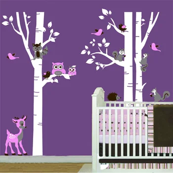 Store Birketræer Dyr Ugle, Egern, Rådyr Skov Vinyl Børnehave vægoverføringsbilleder Personlig Art Stickers til Børn Værelser Home Decor