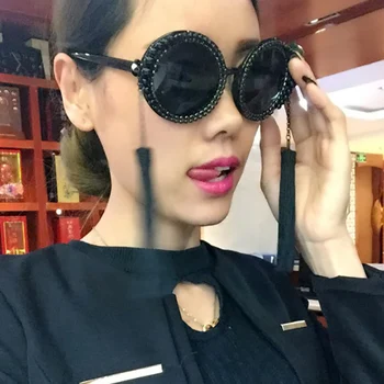 SÅ&EI Vintage Runde Overdimensionerede Solbriller Kvinder Mode Rhinestone Perle-Brillerne Lang Kvast Dekoration Kvindelige Rejse Sol Briller