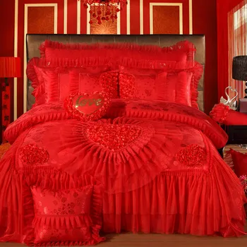 Orientalsk blonder rød pink bryllup luksus royal Sengetøj sæt dronning king size Sengetæppe fladskærms ark sæt Dynebetræk soveværelse sæt