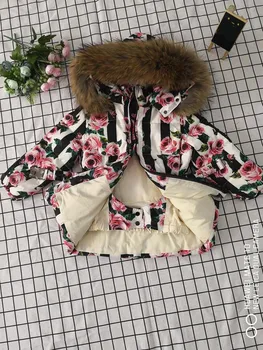 -30℃ russiske Vinter Børn Hooded Coat Børn tykkere varm print Sne Bære Overtøj Ægte Pels Krave Ned Jakker til Piger L491