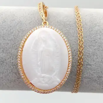 Virgin Mary vedhæng med Zirkonia med mor shell perle sten tilbehør Madonna smykker Gave statement smykker