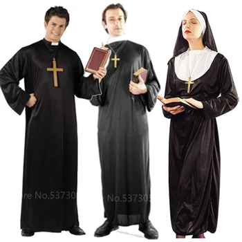 Cosplay Halloween Kostumer til Mænd, Kvinder Pirest Missionær Lang Kjole middelalderen Religion Kirke Nonne Kjole med Slør Performance