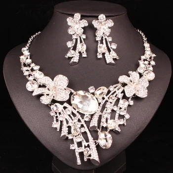 Nye Luksus Indiske Store Blomster Bryllup Smykker Sæt-Halskæde, Øreringe Sæt Krystal Sæt Part Kostume Smykker i Gaver til Kvinder