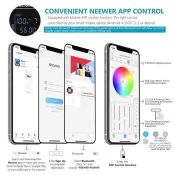 Neewer RGB Led Video Lys med APP Mobiltelefon Kontrol,28w Justerbar 7 Farver+ Bi-Farver,Barndoors + LCD-Skærm,Belysning til YouTube