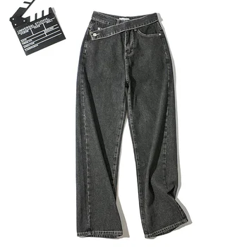 Kvinde Skrå Bælte Jeans Med Høj Talje Tøj Bred Ben Denim Tøj Blå Grå Streetwear Vintage Mode Harajuku Lige Bukser