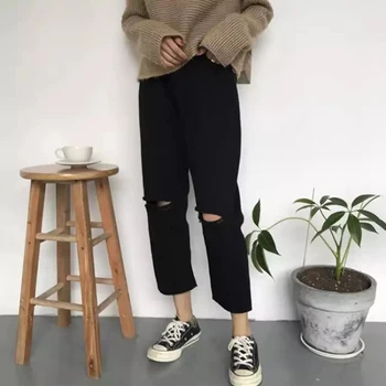 Jeans Kvinder Forår Sommer Trendy Enkelt koreansk Stil Alle-match Solidt Hul Bløde Høj Talje Streetwear Kvinder Bukser, Casual Chic