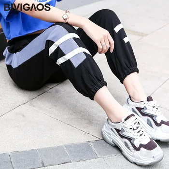BIVIGAOS 2019 Side Blå Parallel Stribet Sports Bukser Kvinder INS Tidevandet Løs koreanske Sweatpants Foråret Efteråret Afslappede haremsbukser
