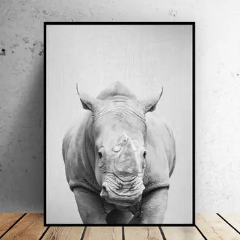 Black & White Rhino Lærred Maleri Kunst Print Plakat Billede Væggen Moderne Minimalistisk Soveværelse, Stue Dekoration