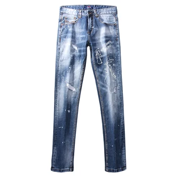 Nyligt Design-Mode Mænd Jeans Lys Blå Elastisk Slim Fit Rippet Denim Bukser Hombre Streetwear Trykt Hip Hop Bukser
