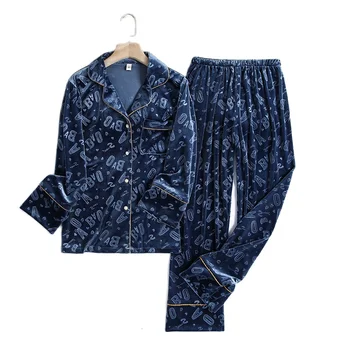 Golden Velour Pyjamas Sæt Vinter Nattøj Print Cardigan Med Revers Knappen Lomme Loungewear Behageligt Varme Homewear Pyjamas 2 Stk