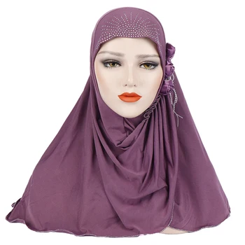 Kvinder, Muslimske Instant Hijab eller Tørklæde Almindelig Blomst Lugning Hijab med Rhinestone Indina Headwrap Afrika Stil Blød Bomuld Hovedbeklædning