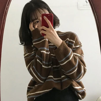 Pullovere Kvinder Bløde Efteråret O-Hals Sweater Smarte Daglige Toppe Dame Pullover Sød Student Stribet Harajuku Strikkede Løs Outwear