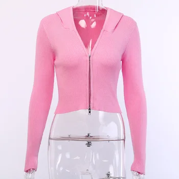 2020 Kvinder Foråret Efteråret Street Wear Hætte Trøje Med Lynlås, Ribbet Op Cardigans Crop Tops Outwear Langærmet Pink Sort Frakke