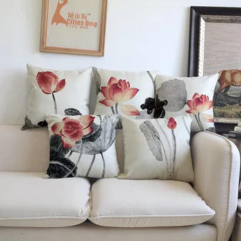 45x45/50x50/60x60/40x60/50x70cm Kinesisk blæk maleri Lotus linned pudebetræk sofa pude dække for pude dekorative pudebetræk