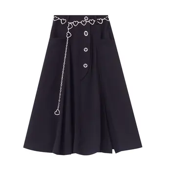Mid-længde Nederdel Kvinder Efterår Mode Elegant Kausale Streetwear Goth Høj Talje A-line Sort Vintage Harajuku Gotiske Nederdel
