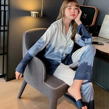 2021 Foråret Kvinders Pyjamas Sæt Luksus Stil Gradient Blå Lovers', Silke Nattøj Som Par Hjem Tøj Nattøj til Mænd