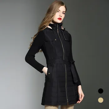 Mode Strikke Lange ærmer Splejset Hooded Cotton Coat Vinter jakke kvinder Casual Varm Parkacoats Kvindelige Høj kvalitet Forede jakke