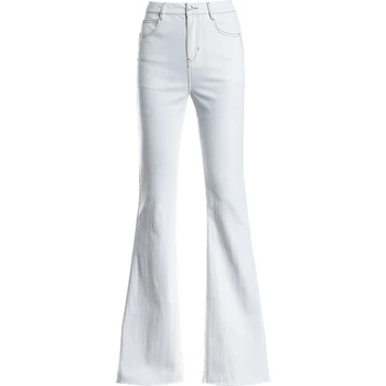 Ree Forsendelse kvinder fuld hvid høj talje flare jeans nyeste tynde fuld længde casual bukser til forår sommer efterår