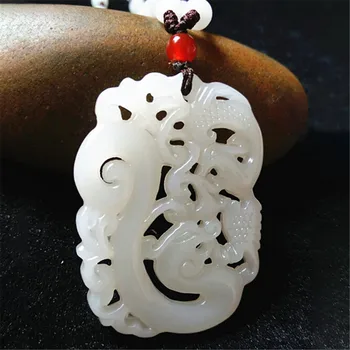 Naturlig Hvid Jade Dobbelt-sidet hule Dragon Vedhæng Jadeite Charme Halskæde Smykker Tilbehør Hånd-Udskåret og Lykke Amulet Ny