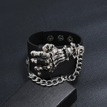 Gotisk Punk Mænds smykker Skelet Hånd læder Armbånd til Mænd, 4cm bred Håndlavet Justerbar Læder Armbånd Smykker