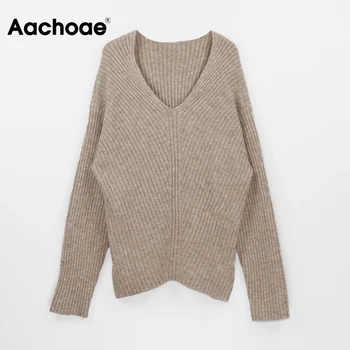 Aachoae Kvinder Elegante Solid To-Delt Sæt 2020 V-Hals Lange Ærmer Pullover Sweater Med Casual Bred Ben Bukser Damer Udstyr