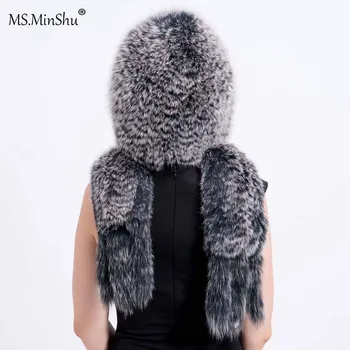 MS MinShu Fox Fur Hat med Tørklæde Håndstrikket Ægte Ræv Pels Tørklæde, Hat Fashion Vinter Kvinder Hat Fluffy Pels Hætte, Tykke Pels Hat