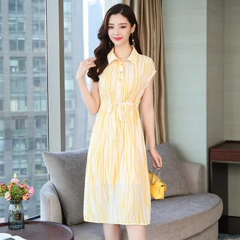 Sommeren Vintage Plus Size Stribet Chiffon Sundress 2021 Koreanske Boho Stranden Midi-Kjole Til Elegante Kvinder Kortærmet Gul Vestidos