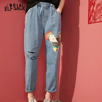 ELFSACK Blå Solid Originale Grafiske Print, Vasket Casual Denim Jeans Kvinde 2020 Foråret Ren Rippet koreanske Damer Daglige Bukser