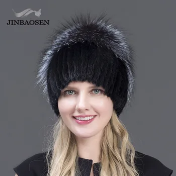 JINBAOSEN Nye Fashion Vinter Hatte Til Kvinder Real Mink Fur Hat Kvindelige Patchwork Fox Fur Mix Farve Indre Strik Huer Varm