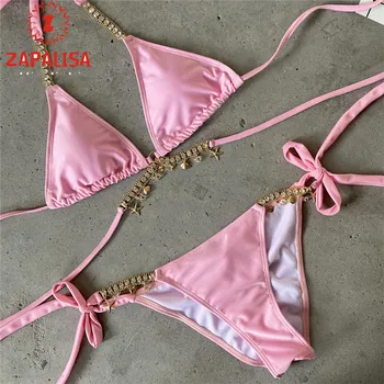 Zapalisa Beach Bikini Diamanter Decor Metal Kæde På Tværs Af Kvast Indretning Bandage Badetøj 2 Stykker Sæt Bryst Pad Crop Tops+Trusser