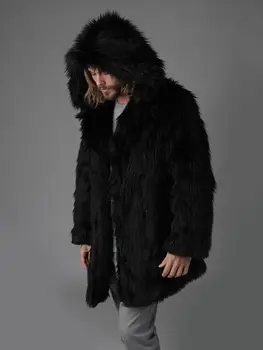 2019 efterår og vinter nye faux fur hooded coat mænd efterligning hawk pels jakke tykkere varm frakke